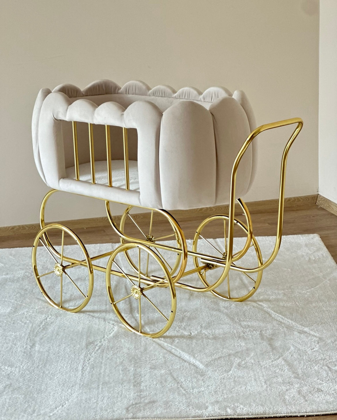 Luxury Baby Crib With Gold Wheels Light Beige - Main Image