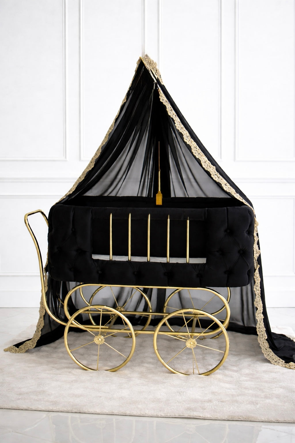 Black Luxury Baby Crib With Gold Wheels
