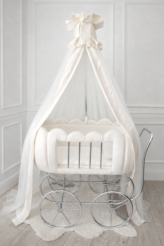 Luxury Baby Crib With Silver Wheels - Cream