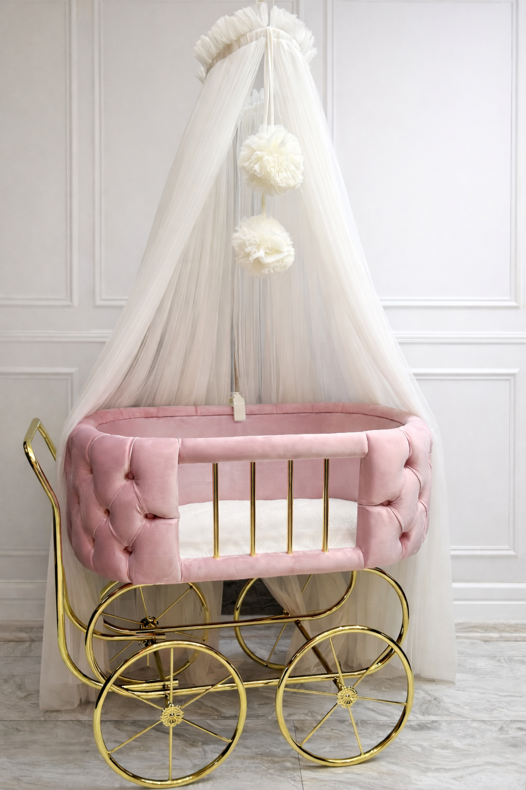 Luxury Baby Crib With Gold Wheels - Hot Pink