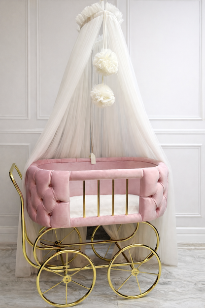 Luxury Baby Crib With Gold Wheels - Hot Pink