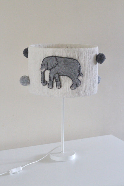 ELEPHANT THEMED LAMPSHADE decorated with elephants and pom poms