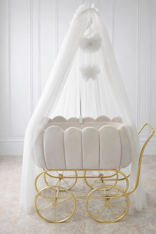 Luxury Baby Crib With Gold Wheels - Beige