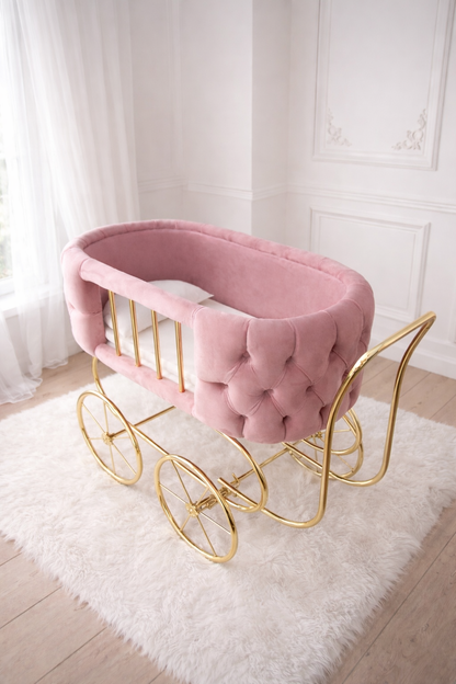 Luxury Baby Crib With Gold Wheels - Hot Pink