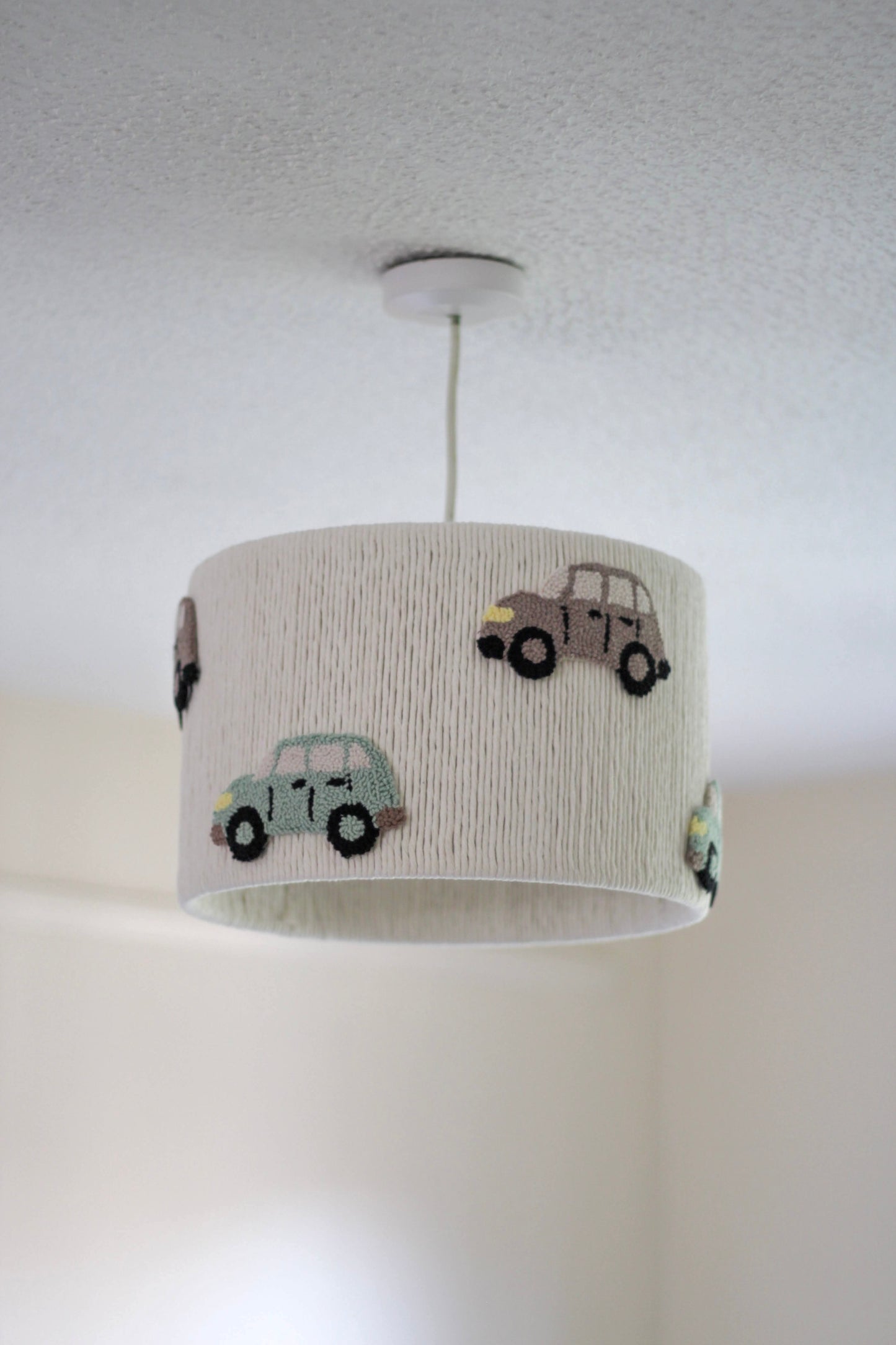 CAR LAMPSHADE decorated with brown and green cars