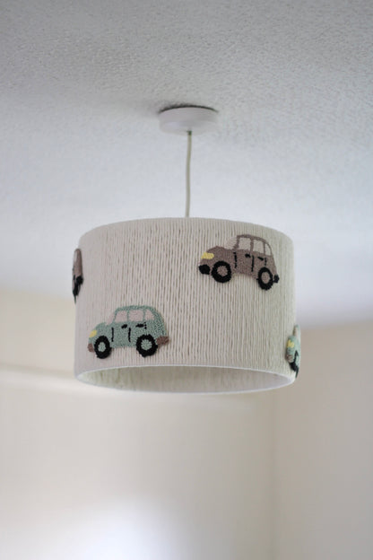 CAR LAMPSHADE decorated with brown and green cars