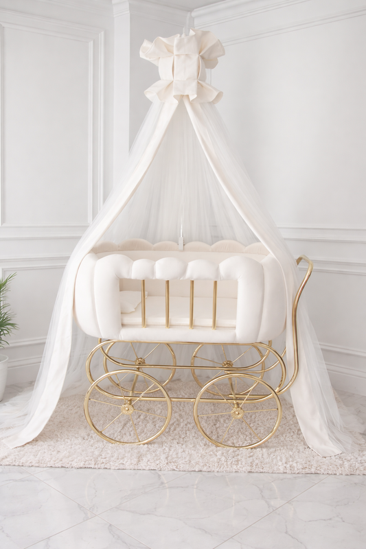 Luxury Baby Crib With Gold Wheels - Cream
